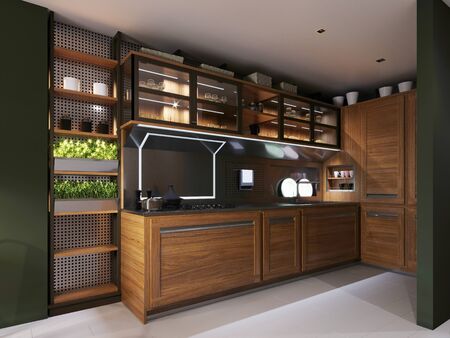 Hipster style kitchen with green walls and light wooden furniture. 3D rendering.の写真素材