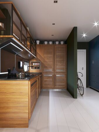 Hipster style kitchen with green walls and light wooden furniture. 3D rendering.の写真素材