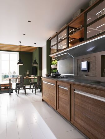 Hipster style kitchen with green walls and light wooden furniture. 3D rendering.の写真素材