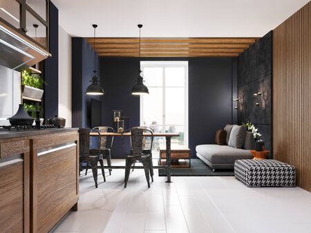 Dining table with metal table and chairs in modern hipset style kitchen. 3D rendering.の写真素材