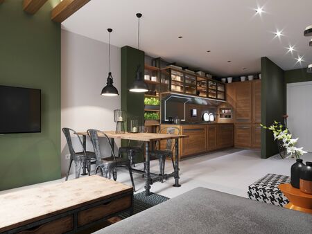 Kitchen with a dining room in a modern hipster style with a combination of wood and metal in the interior. 3D rendering.の写真素材