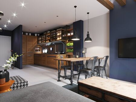Modern kitchen with dark blue walls and wooden light furniture and white floor in hipster style. 3D rendering.の写真素材