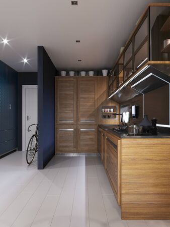 Modern kitchen with dark blue walls and wooden light furniture and white floor in hipster style. 3D rendering.の写真素材