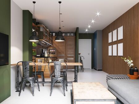Kitchen with a dining room in a modern hipster style with a combination of wood and metal in the interior. 3D rendering.の写真素材
