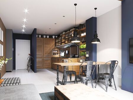 Dining table with metal table and chairs in modern hipset style kitchen. 3D rendering.の写真素材