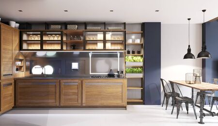 Modern kitchen with dark blue walls and wooden light furniture and white floor in hipster style. 3D rendering.の写真素材