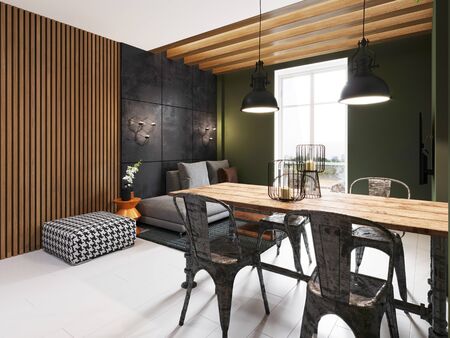 Dining room with an iron table and chairs, industrial style and a kitchen with dark green walls. 3d rendering.の写真素材