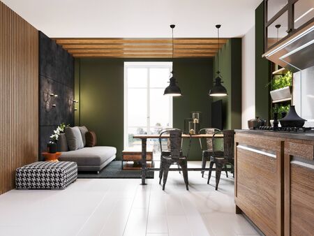 Dining room with an iron table and chairs, industrial style and a kitchen with dark green walls. 3d rendering.の写真素材