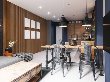Dining area in the kitchen with deep blue walls with an iron table and chairs, in an industrial loft style. 3d rendering.の写真素材