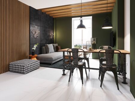 Dining room with an iron table and chairs, industrial style and a kitchen with dark green walls. 3d rendering.の写真素材