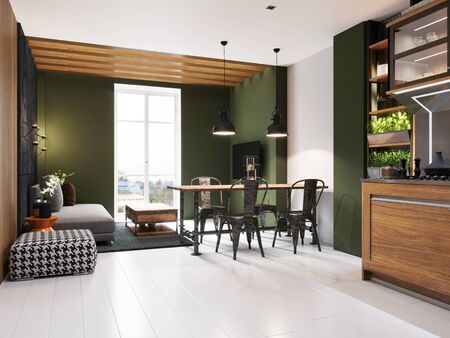 Dining room with an iron table and chairs, industrial style and a kitchen with dark green walls. 3d rendering.の写真素材