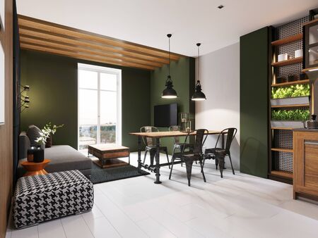 Dining room with an iron table and chairs, industrial style and a kitchen with dark green walls. 3d rendering.の写真素材