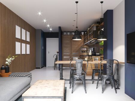 Dining area in the kitchen with deep blue walls with an iron table and chairs, in an industrial loft style. 3d rendering.の写真素材