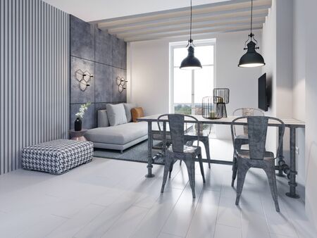 White Scandinavian dining room with metal loft furniture. 3D rendering.の写真素材