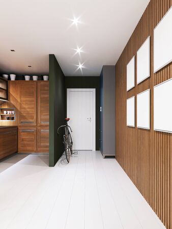 Hall corridor passing through the kitchen, with a wooden wall of planks with paintings. 3D rendering.の写真素材