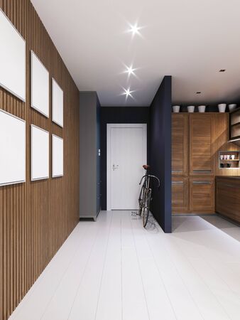 Hall corridor passing through the kitchen, with a wooden wall of planks with paintings. 3D rendering.の写真素材