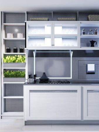 White corner kitchen in contemporary design with modern technological furniture. 3D rendering.の写真素材