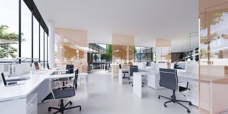 Spacious light and lighted office with work desks and glass partitions between. 3D rendering.の写真素材