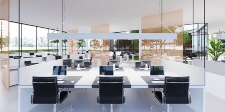 Spacious light and lighted office with work desks and glass partitions between. 3D rendering.の写真素材