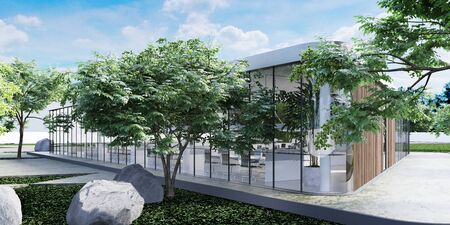 Office glass building with wooden planks on the facade. The building is surrounded by greenery. 3D rendering.の写真素材