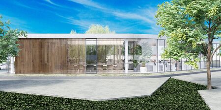 Office glass building with wooden planks on the facade. The building is surrounded by greenery. 3D rendering.の写真素材