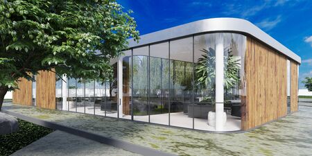A modern one-story office building, with a glass facade and wooden planks. 3D rendering.の写真素材