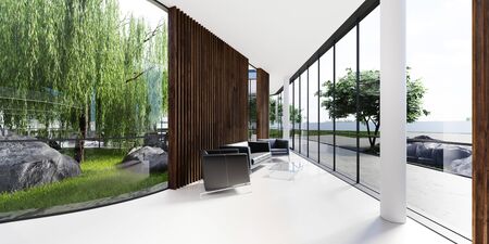 Office space with large panoramic windows and many plants around and inside. 3D rendering.の写真素材
