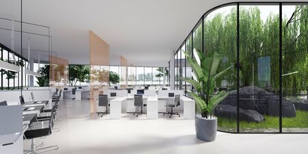 Spacious light and lighted office with work desks and glass partitions between. 3D rendering.の写真素材