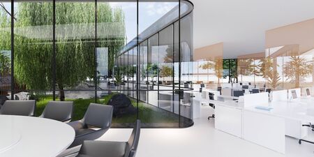 Meeting room with a large white table and black leather armchairs in a green office with plenty of plants. Glass transparent office. 3D rendering.の写真素材