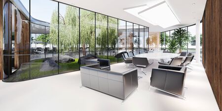 Meeting room with a large white table and black leather armchairs in a green office with plenty of plants. Glass transparent office. 3D rendering.の写真素材
