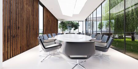 Meeting room with a large white table and black leather armchairs in a green office with plenty of plants. Glass transparent office. 3D rendering.の写真素材