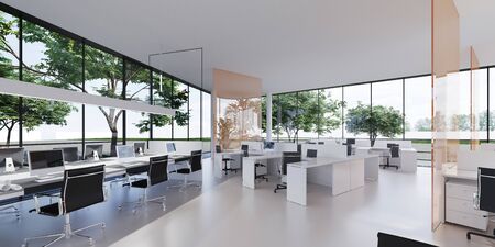 Spacious light and lighted office with work desks and glass partitions between. 3D rendering.の写真素材