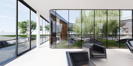 Meeting room with a large white table and black leather armchairs in a green office with plenty of plants. Glass transparent office. 3D rendering.の写真素材