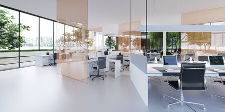 Spacious light and lighted office with work desks and glass partitions between. 3D rendering.の写真素材