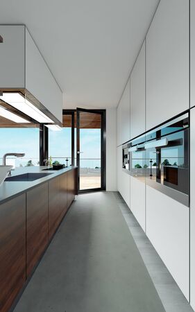Large kitchen in a modern Scandinavian style, white and wooden furniture facade. Large kitchen island with a hood over it. 3D rendering.の写真素材