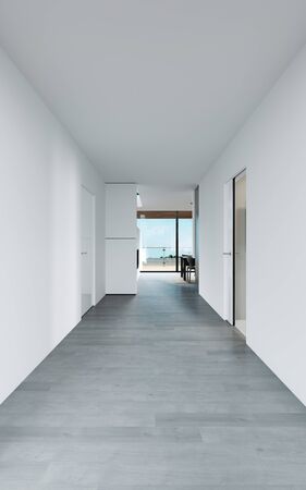A completely white hallway corridor in a residential building. 3D rendering.の写真素材