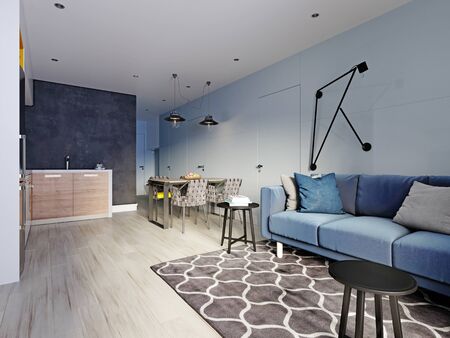 small studio apartment with kitchen, dining room and living room with sofa. Interior in blue and white colors and wooden elements. 3D rendering.の写真素材