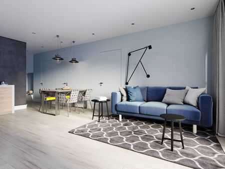 small studio apartment with kitchen, dining room and living room with sofa. Interior in blue and white colors and wooden elements. 3D rendering.の写真素材