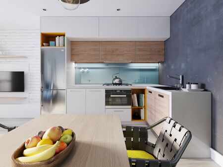 Kitchen in blue and white color with a dining table, contemporary style. 3D rendering.の写真素材