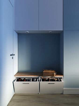 Entrance hallway in a modern ethnic design, built-in wardrobe with clothes and blue panels on the wall. 3D rendering.の写真素材