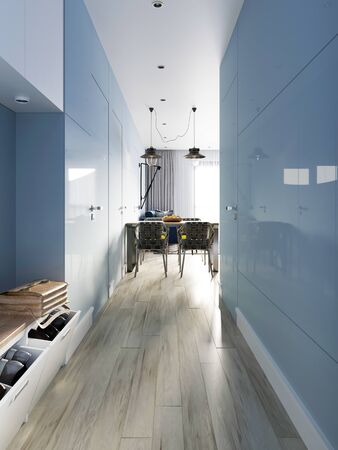 Entrance hallway in a modern ethnic design, built-in wardrobe with clothes and blue panels on the wall. 3D rendering.の写真素材