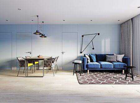 small studio apartment with kitchen, dining room and living room with sofa. Interior in blue and white colors and wooden elements. 3D rendering.の写真素材