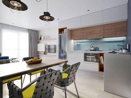 Kitchen in blue and white color with a dining table, contemporary style. 3D rendering.の写真素材