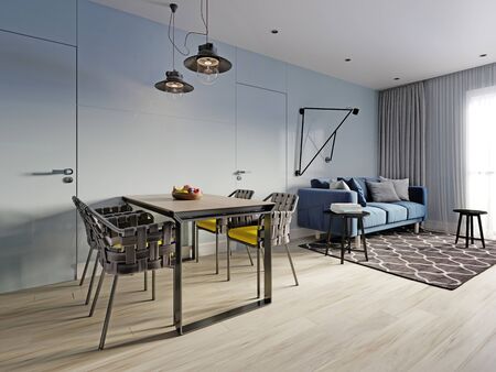 small studio apartment with kitchen, dining room and living room with sofa. Interior in blue and white colors and wooden elements. 3D rendering.の写真素材