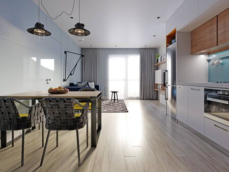 small studio apartment with kitchen, dining room and living room with sofa. Interior in blue and white colors and wooden elements. 3D rendering.の写真素材