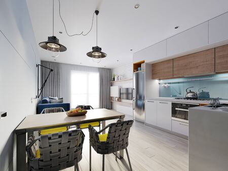 Kitchen in blue and white color with a dining table, contemporary style. 3D rendering.の写真素材