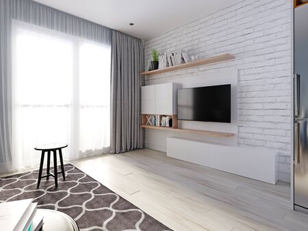 A TV unit with a TV and bookshelves. white decorative brick wall. Wood texture and matt white lockers. 3D rendering.の写真素材