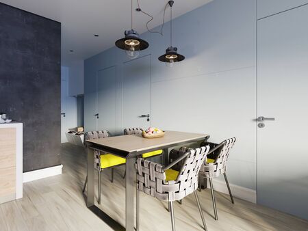 Dining metal table with decor and four designer wicker chairs. Scandinavian interior design, nordic style. 3D rendering.の写真素材