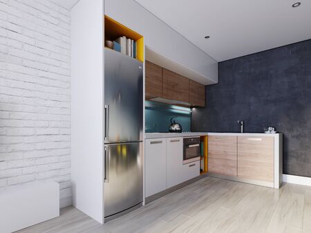 Kitchen in blue and white color with a dining table, contemporary style. 3D rendering.の写真素材