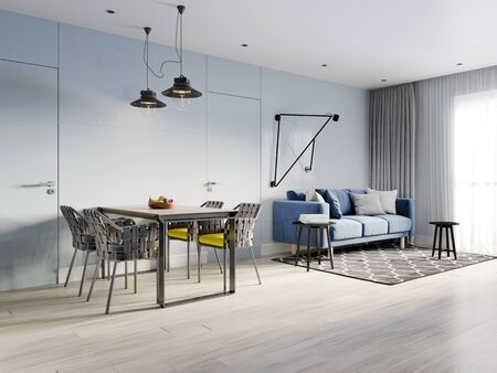 small studio apartment with kitchen, dining room and living room with sofa. Interior in blue and white colors and wooden elements. 3D rendering.の写真素材